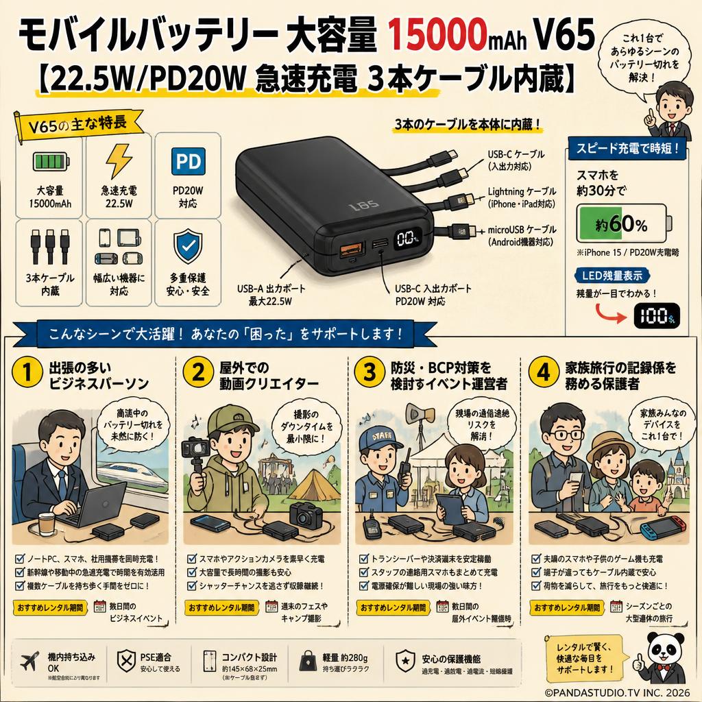 モバイルバッテリー 大容量 15000mAh V65【22.5W/PD20W 急速充電 3本ケーブル内蔵】 おもな対象のお客様