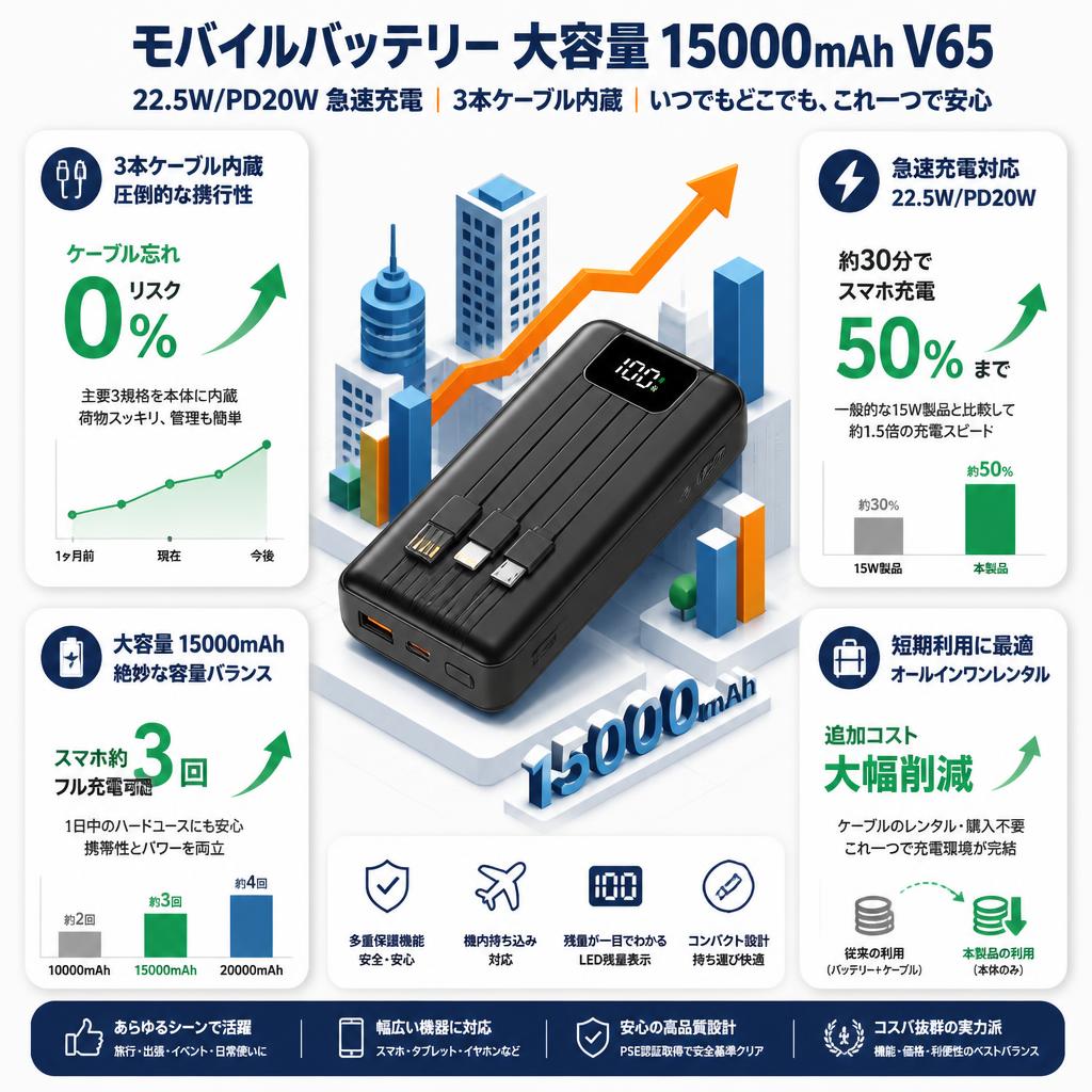 モバイルバッテリー 大容量 15000mAh V65【22.5W/PD20W 急速充電 3本ケーブル内蔵】 セールスポイント