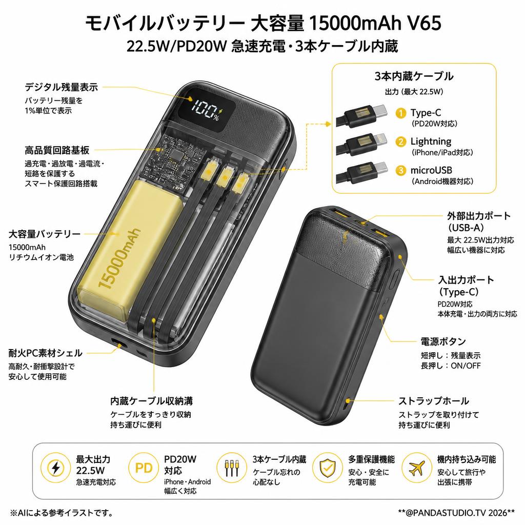 モバイルバッテリー 大容量 15000mAh V65【22.5W/PD20W 急速充電 3本ケーブル内蔵】 スペック