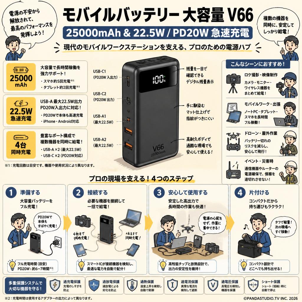 モバイルバッテリー 大容量 V66【25000mAh & 22.5W/PD20W 急速充電