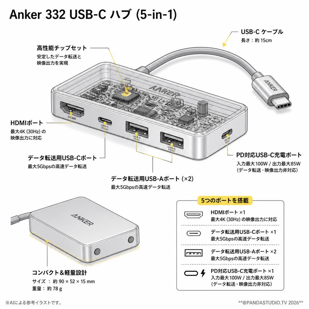 Anker 332 USB-C ハブ (5-in-1) スペック