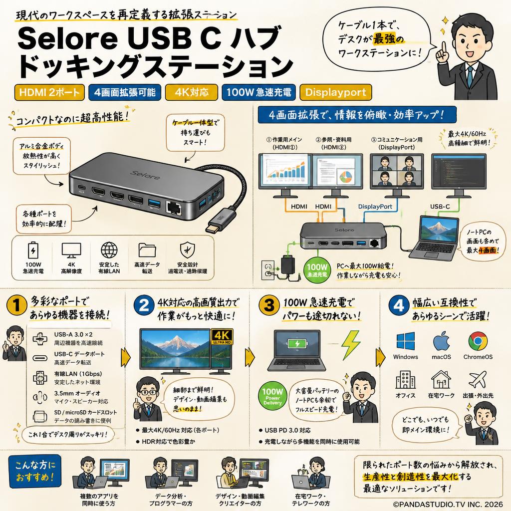 Selore USB C ハブ ドッキングステーション hdmi 2ポート 4画面拡張可能 4K対応 100W 急速充電 Displayport 概要