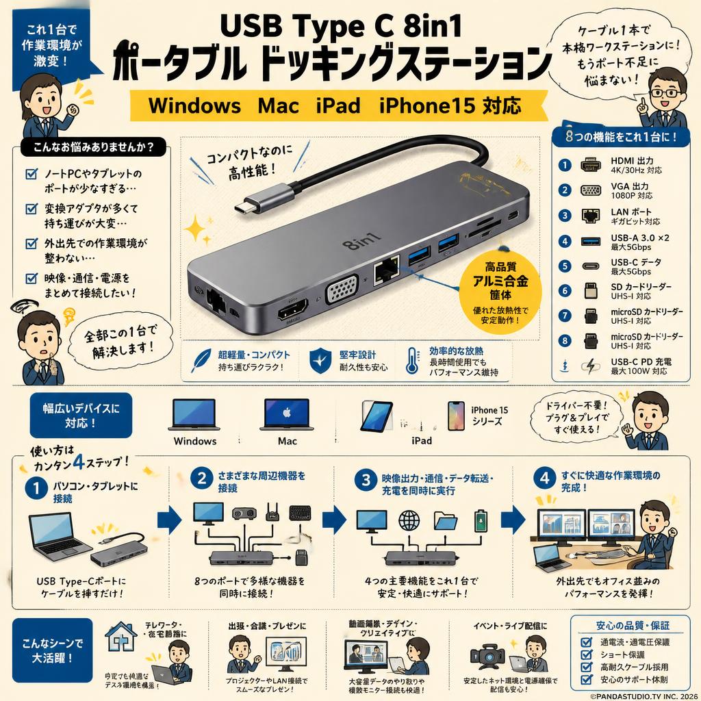 USB Type C 8in1 ポータブル ドッキングステーション  Windows Mac iPad iPhone15 対応 概要
