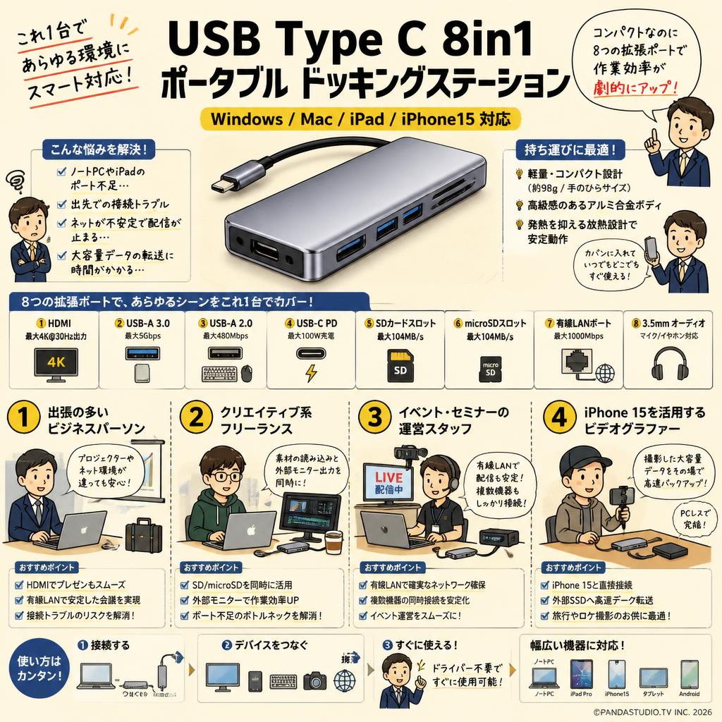 USB Type C 8in1 ポータブル ドッキングステーション  Windows Mac iPad iPhone15 対応 おもな対象のお客様