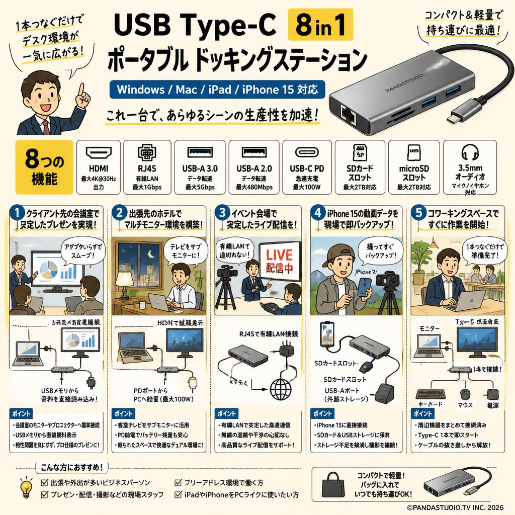 USB Type C 8in1 ポータブル ドッキングステーション  Windows Mac iPad iPhone15 対応 用途