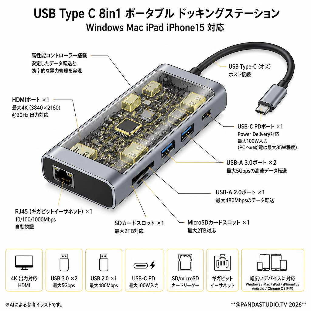 USB Type C 8in1 ポータブル ドッキングステーション  Windows Mac iPad iPhone15 対応 スペック