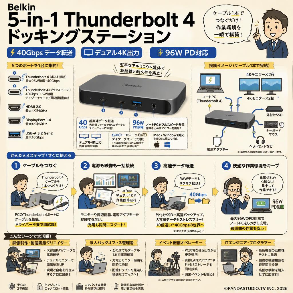 Belkin 5-in-1 Thunderbolt 4ドッキングステーション 40Gbpsデータ転送 96W PD対応 おもな対象のお客様