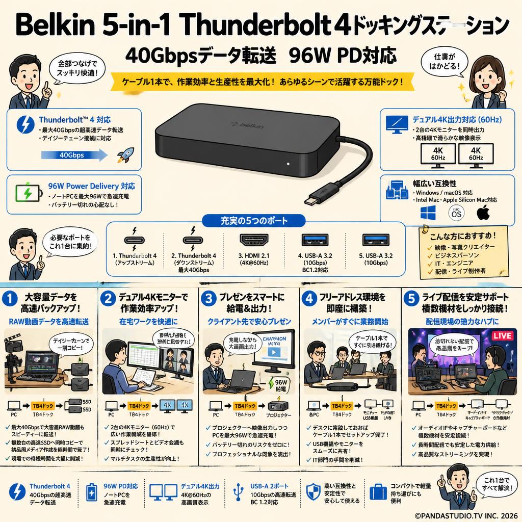 Belkin 5-in-1 Thunderbolt 4ドッキングステーション 40Gbpsデータ転送 96W PD対応 用途
