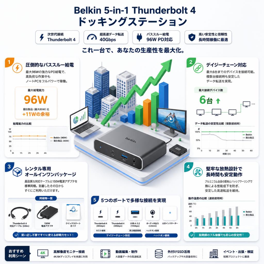 Belkin 5-in-1 Thunderbolt 4ドッキングステーション 40Gbpsデータ転送 96W PD対応 セールスポイント