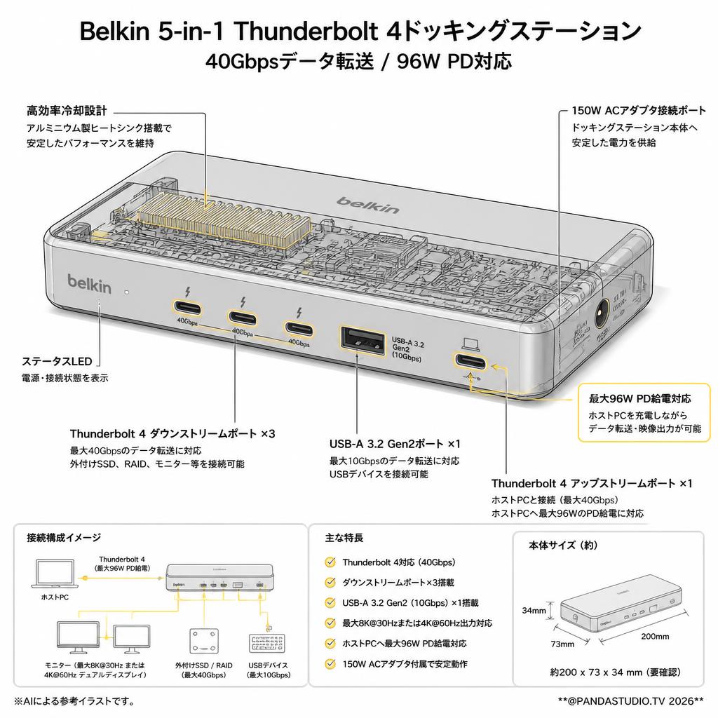 Belkin 5-in-1 Thunderbolt 4ドッキングステーション 40Gbpsデータ転送 96W PD対応 スペック