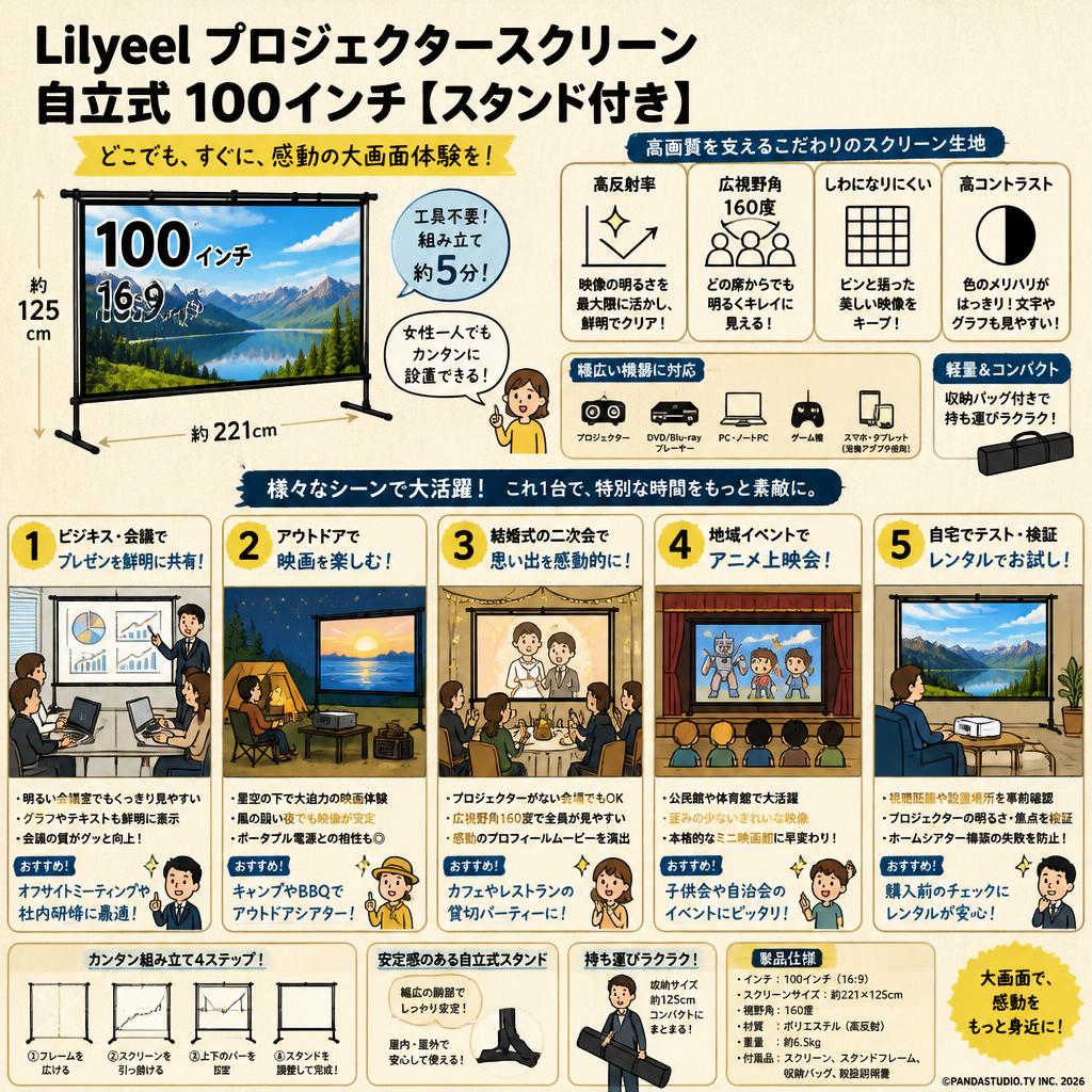 Lilyeel プロジェクタースクリーン 自立式 100インチ【スタンド付き】 用途