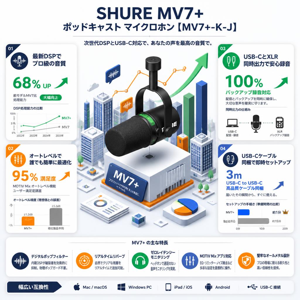 SHURE MV7+ ポッドキャスト マイクロホン 【MV7+-K-J】 セールスポイント