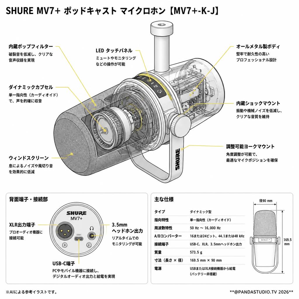 SHURE MV7+ ポッドキャスト マイクロホン 【MV7+-K-J】 スペック