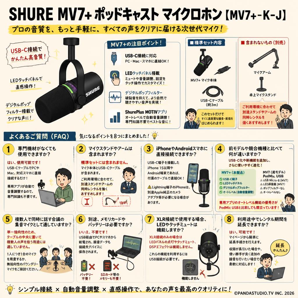 SHURE MV7+ ポッドキャスト マイクロホン 【MV7+-K-J】 FAQ（よくある質問と答え）