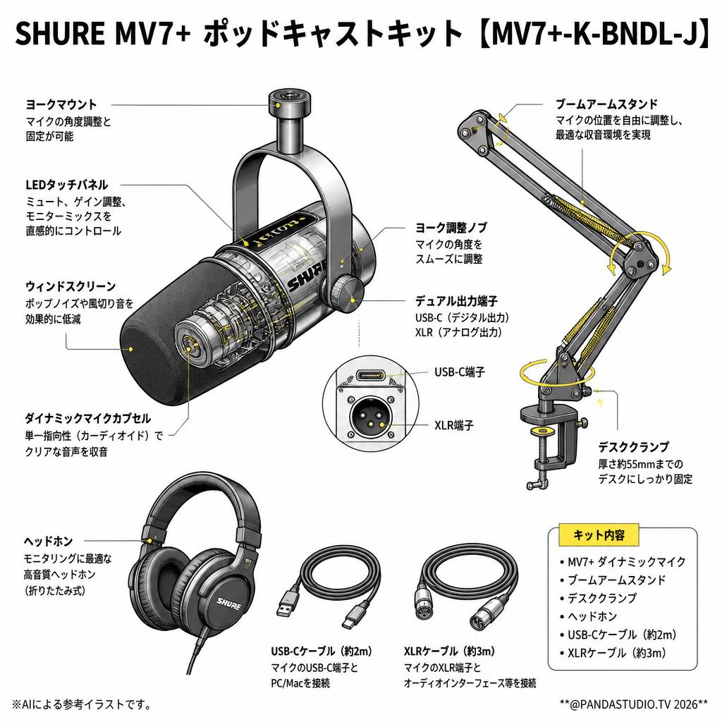 SHURE MV7+ ポッドキャストキット【‎MV7+-K-BNDL-J】 スペック