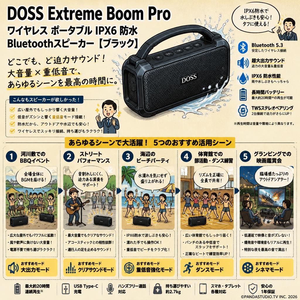 DOSS Extreme Boom Proワイヤレス ポータブルIPX6防水／Bluetoothスピーカー【ブラック】 用途