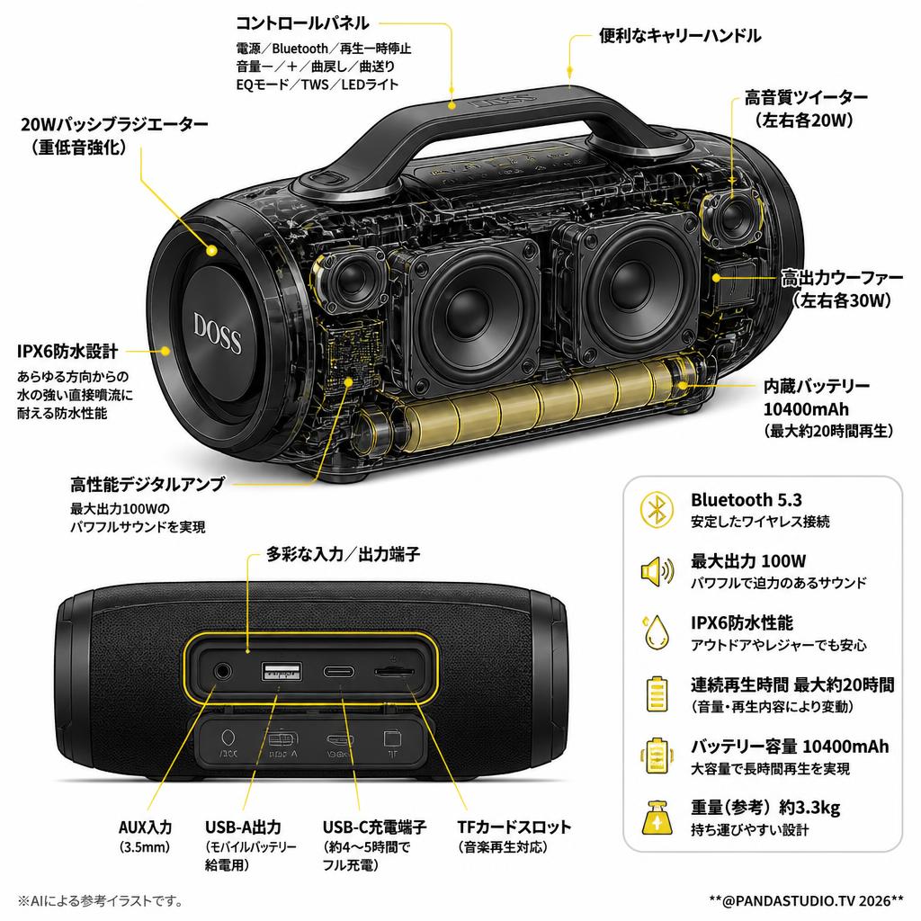 DOSS Extreme Boom Proワイヤレス ポータブルIPX6防水／Bluetoothスピーカー【ブラック】 スペック