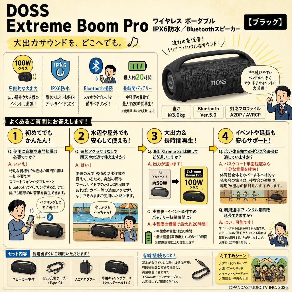 DOSS Extreme Boom Proワイヤレス ポータブルIPX6防水／Bluetoothスピーカー【ブラック】 FAQ（よくある質問と答え）