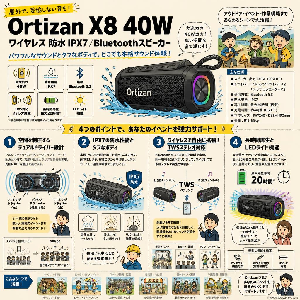 Ortizan ‎X8 40W ワイヤレス 防水 IPX7 ／Bluetoothスピーカー