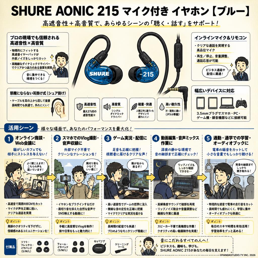 SHURE AONIC 215 マイク付き イヤホン【 ブルー】 用途