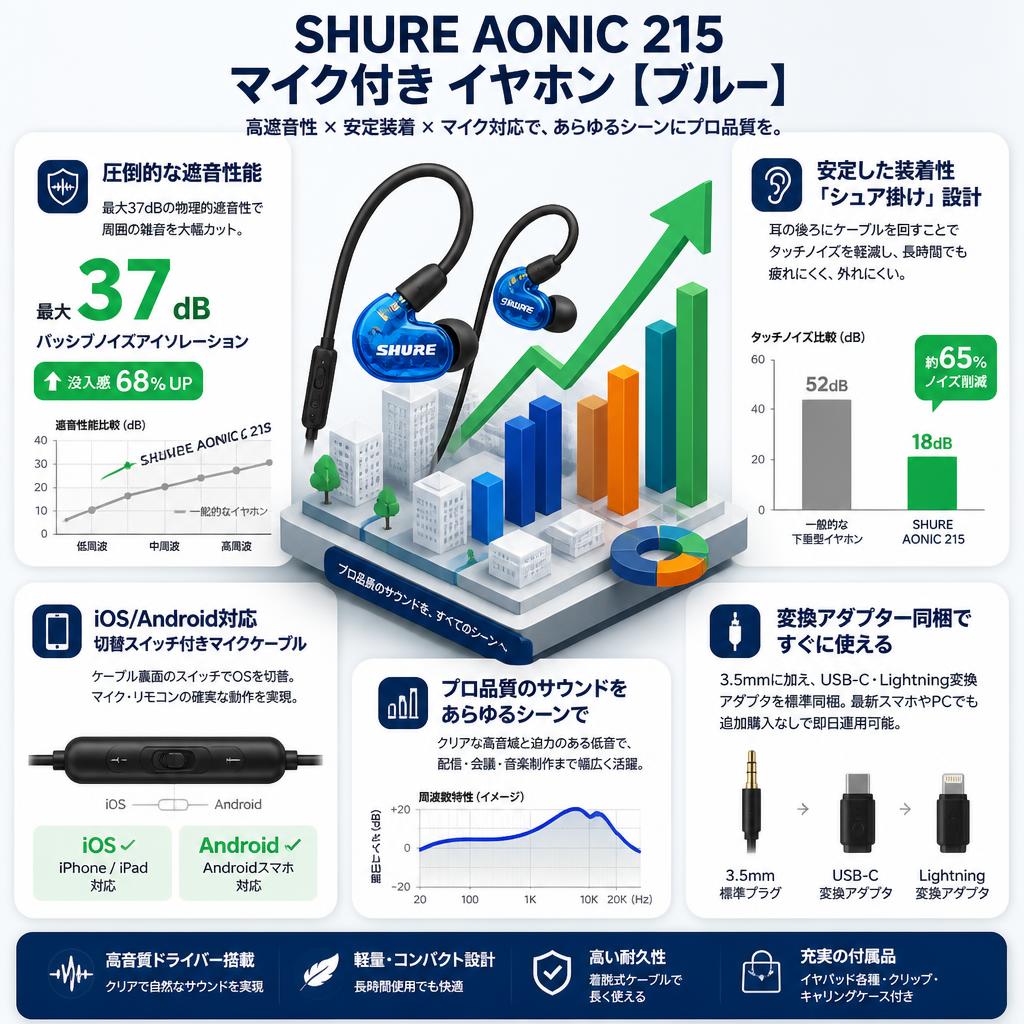 SHURE AONIC 215 マイク付き イヤホン【 ブルー】 セールスポイント