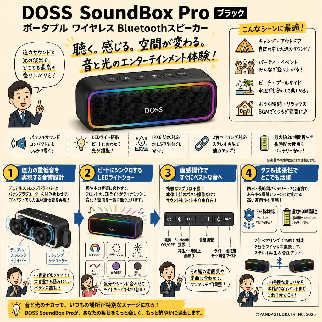 DOSS SoundBox Pro ポータブル ワイヤレス Bluetoothスピーカー【ブラック】 概要