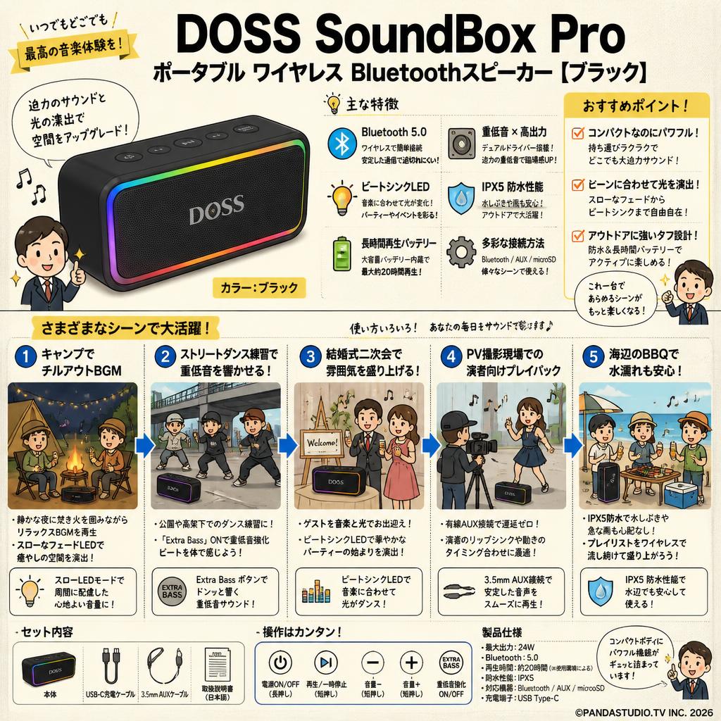 DOSS SoundBox Pro ポータブル ワイヤレス Bluetoothスピーカー【ブラック】 用途