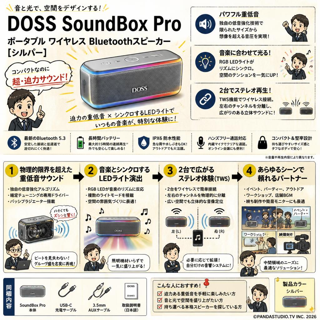 DOSS SoundBox Pro ポータブル ワイヤレス Bluetoothスピーカー【シルバー】 概要