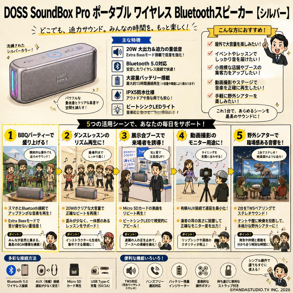 DOSS SoundBox Pro ポータブル ワイヤレス Bluetoothスピーカー【シルバー】 用途
