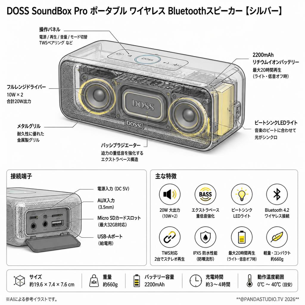 DOSS SoundBox Pro ポータブル ワイヤレス Bluetoothスピーカー【シルバー】 スペック