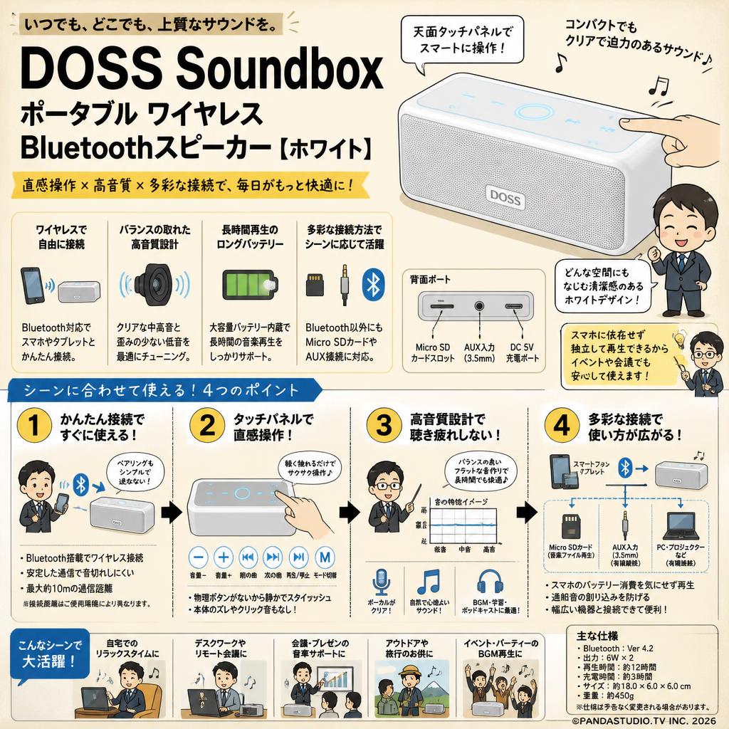 DOSS Soundbox ポータブル ワイヤレス Bluetoothスピーカー【ホワイト】 概要