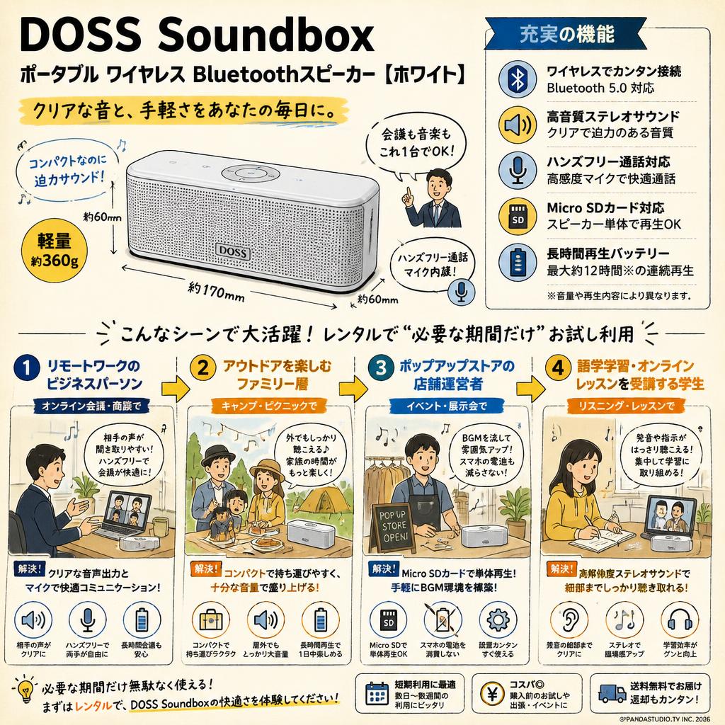 DOSS Soundbox ポータブル ワイヤレス Bluetoothスピーカー【ホワイト】 おもな対象のお客様