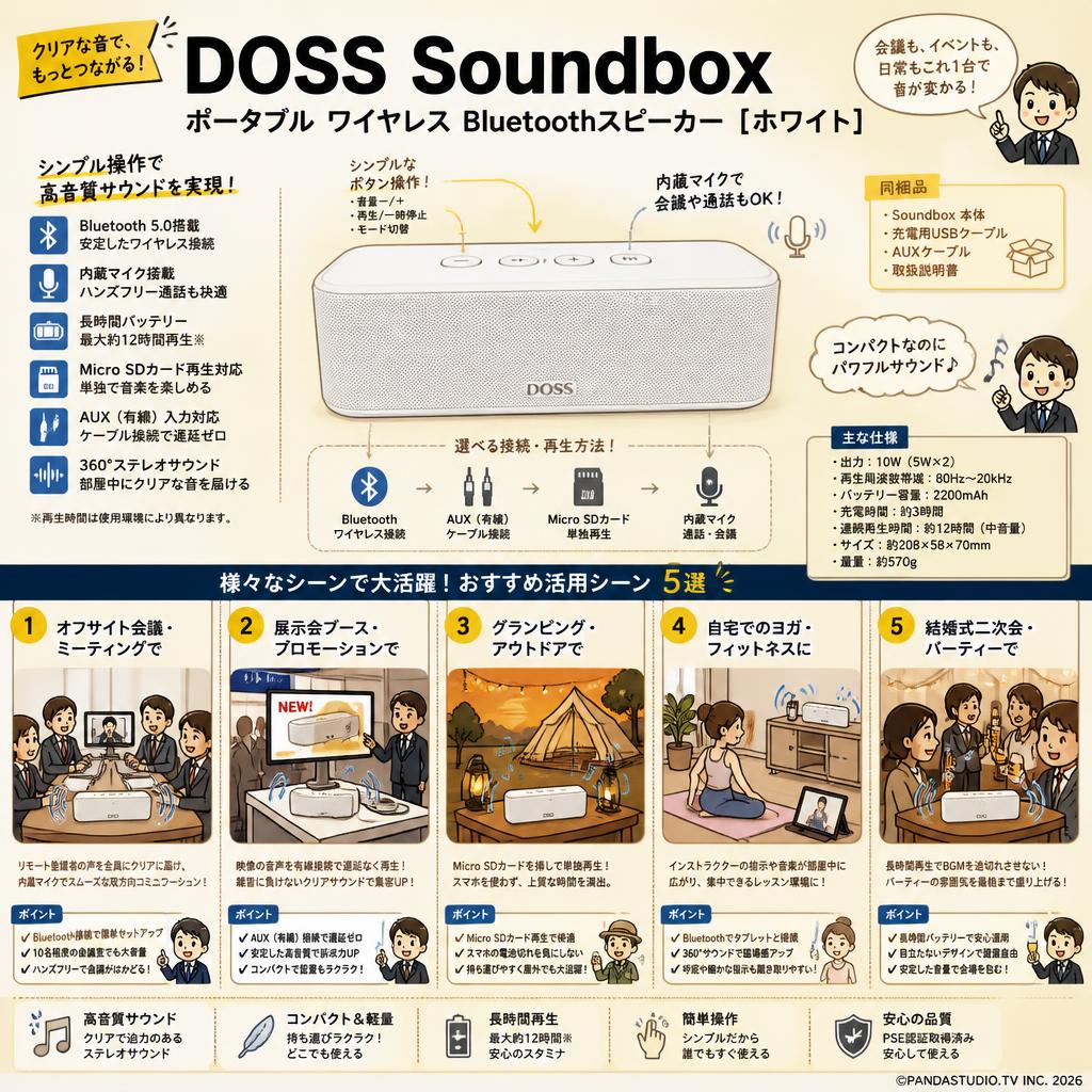 DOSS Soundbox ポータブル ワイヤレス Bluetoothスピーカー【ホワイト】 用途