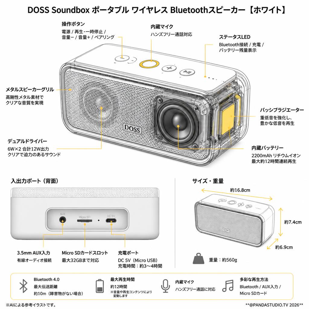 DOSS Soundbox ポータブル ワイヤレス Bluetoothスピーカー【ホワイト】 スペック