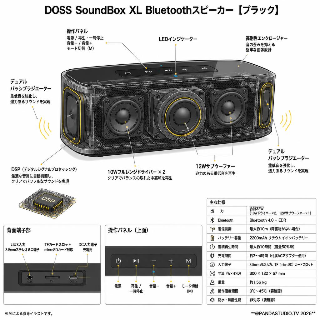DOSS SoundBox XL Bluetoothスピーカー【ブラック】 スペック