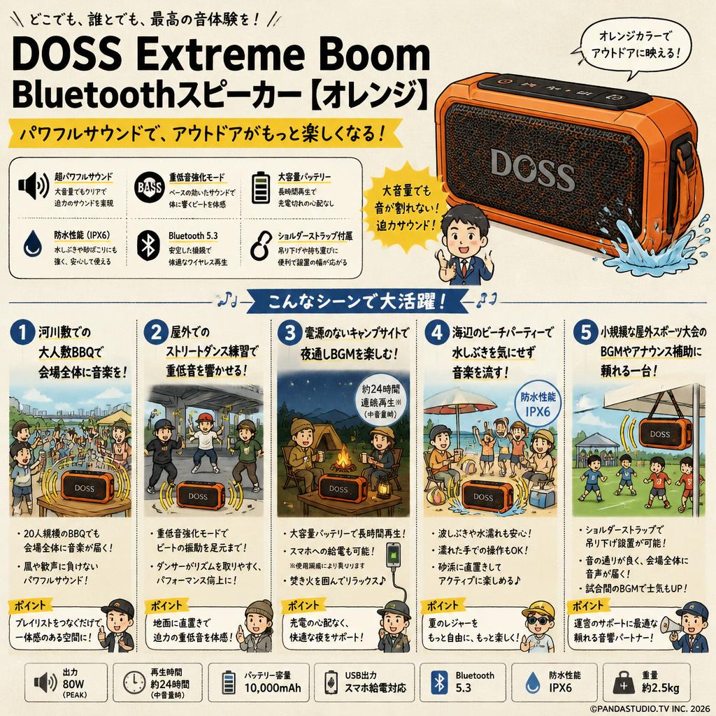DOSS Extreme Boom Bluetoothスピーカー【オレンジ】 用途