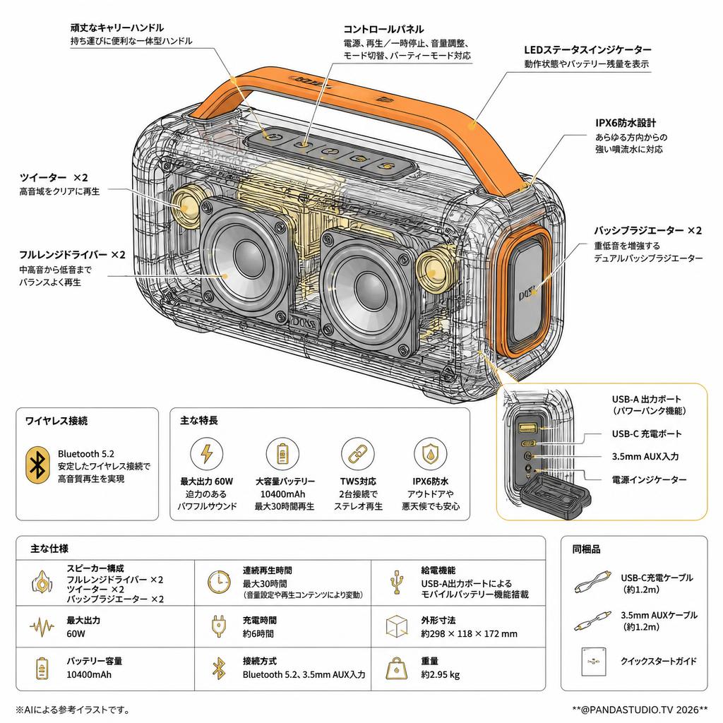 DOSS Extreme Boom Bluetoothスピーカー【オレンジ】 スペック