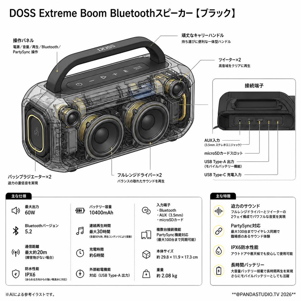 DOSS Extreme Boom Bluetoothスピーカー【ブラック】 スペック