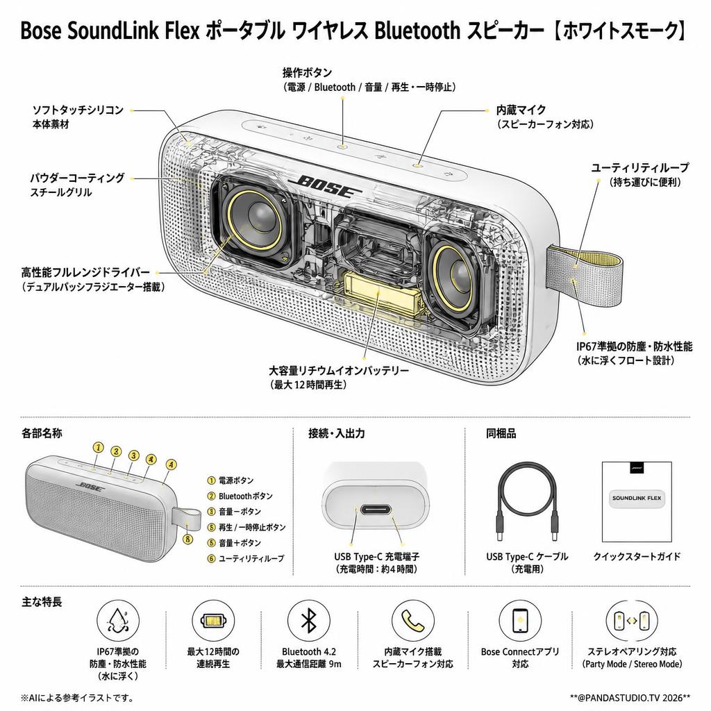 Bose SoundLink Flex ポータブル ワイヤレス Bluetooth スピーカー【ホワイトスモーク】 スペック