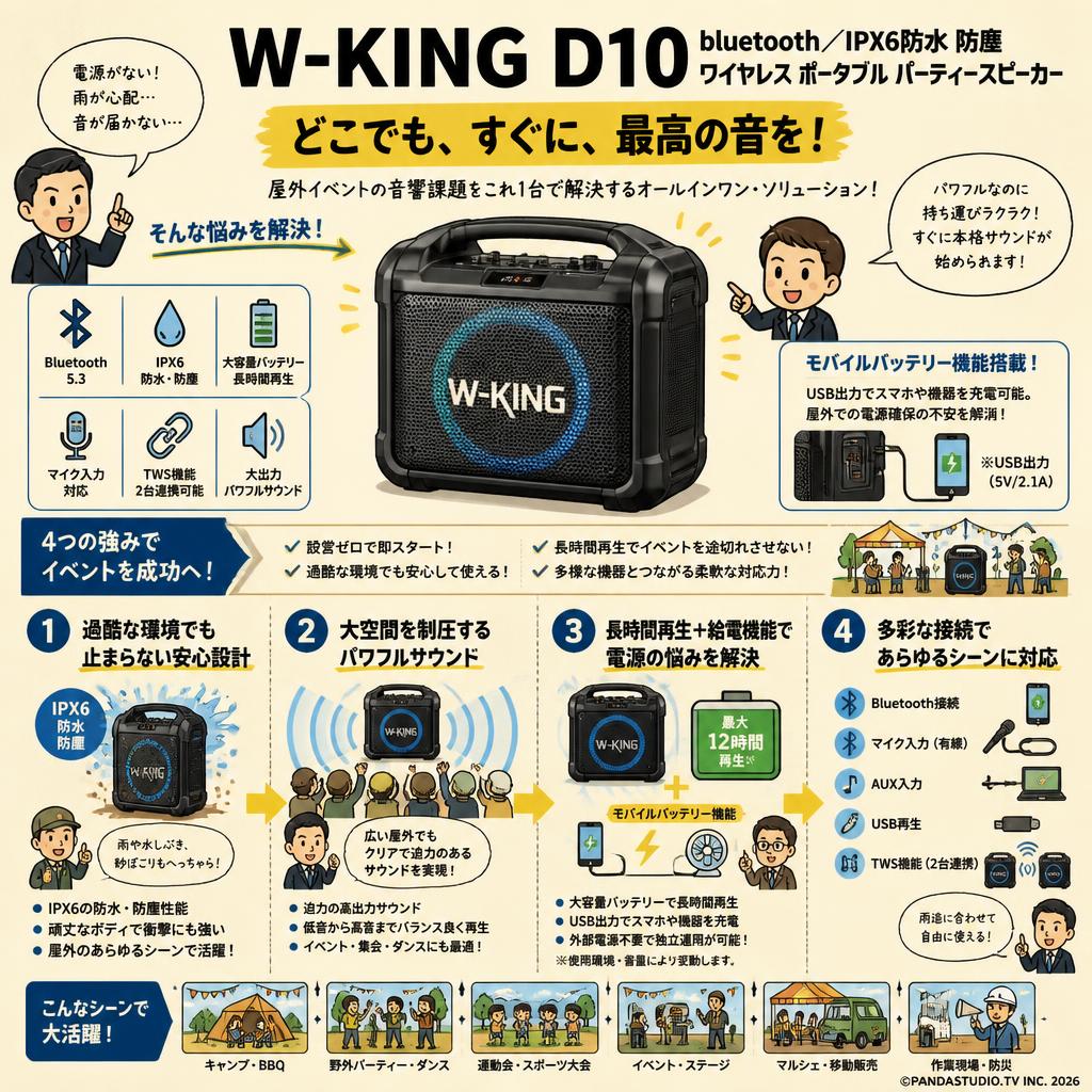 W-KING D10 bluetooth／IPX6防水 防塵 ワイヤレス ポータブル