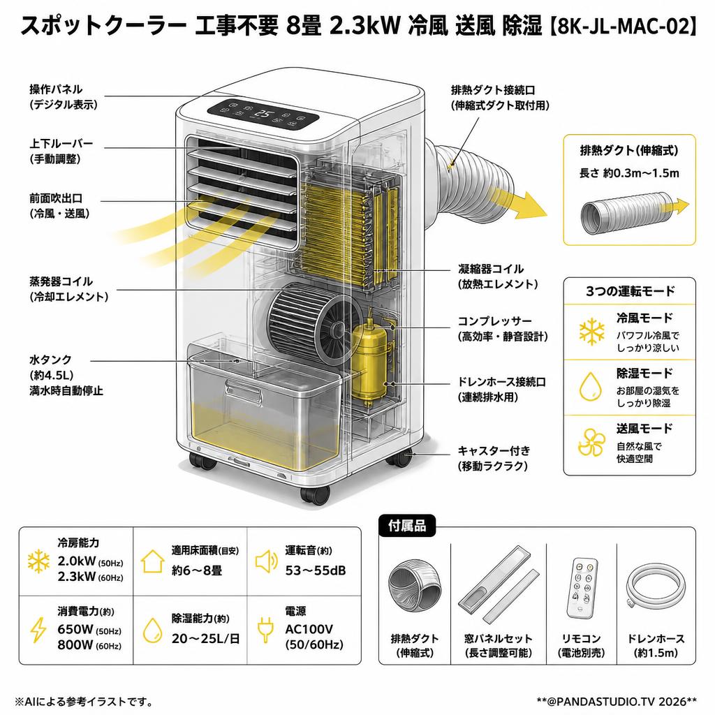 移動式エアコンJL-MAC-02　ノンドレン方式　8畳用　リモコン付き スポットクーラー 工事不要 8畳 2.3kW 冷風 送風 除湿【‎8K-JL-MAC-02