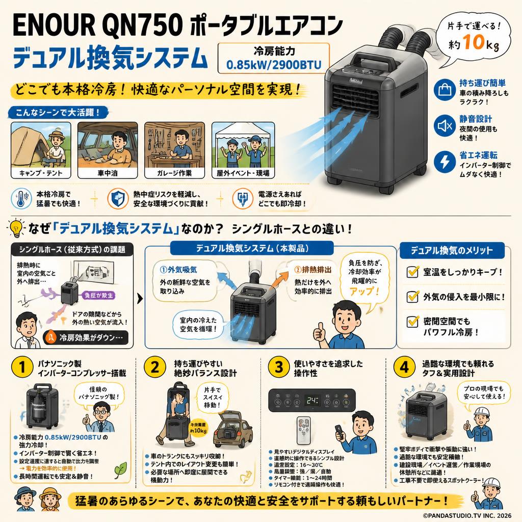 ENOUR QN750 ポータブルエアコン デュアル換気システム 冷房能力0.85kW