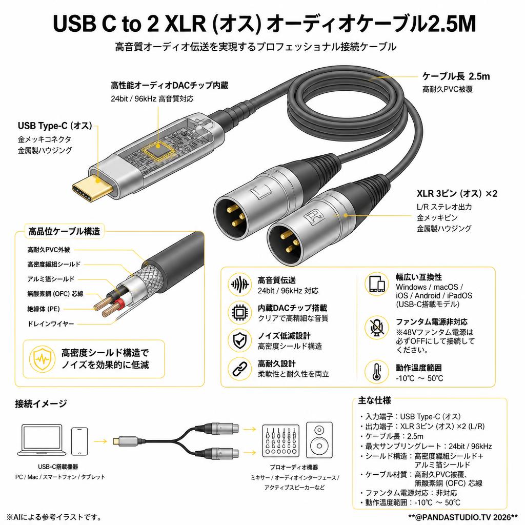 USB C to 2 XLR (オス) オーディオケーブル2.5M スペック