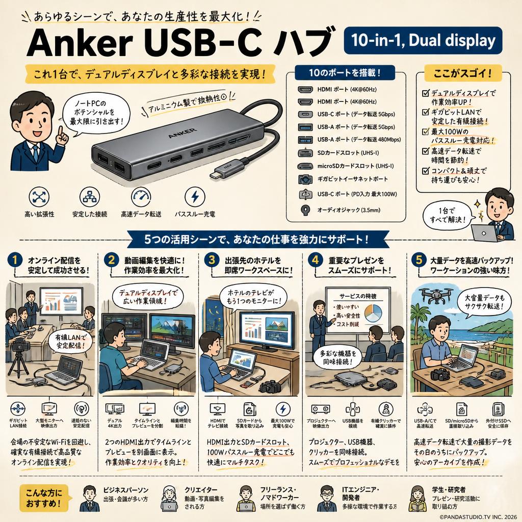 Anker USB-C ハブ (10-in-1, Dual display) 用途