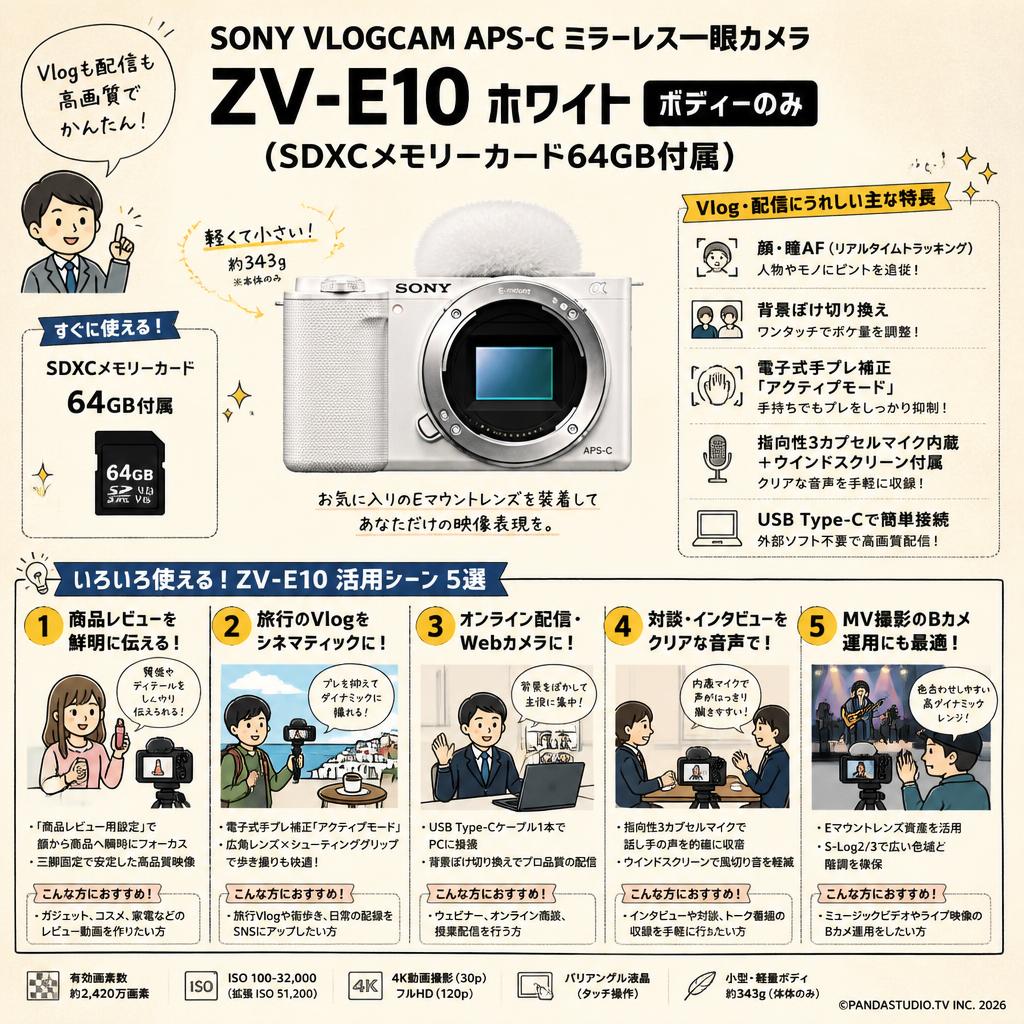 SONY VLOGCAM APS-C ミラーレス一眼カメラ ZV-E10 ホワイト「ボディーのみ」 (SDXCメモリーカード64GB付属) 用途