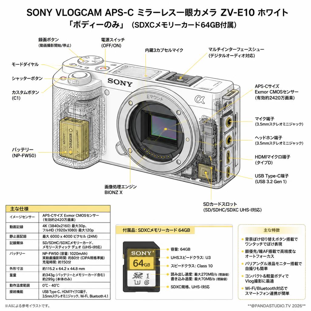 SONY VLOGCAM APS-C ミラーレス一眼カメラ ZV-E10 ホワイト「ボディーのみ」 (SDXCメモリーカード64GB付属) スペック