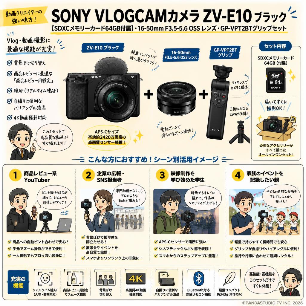 SONY VLOGCAMカメラ ZV-E10ブラック(SDXCメモリーカード64GB付属)・16-50mm F3.5-5.6 OSS レンズ・GP-VPT2BTグリップセット おもな対象のお客様