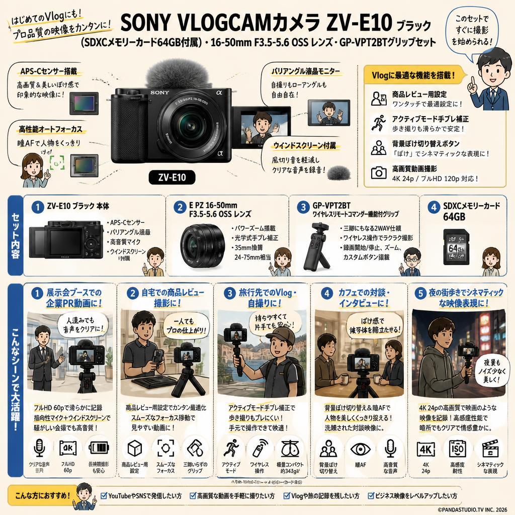 SONY VLOGCAMカメラ ZV-E10ブラック(SDXCメモリーカード64GB付属)・16-50mm F3.5-5.6 OSS レンズ・GP-VPT2BTグリップセット 用途