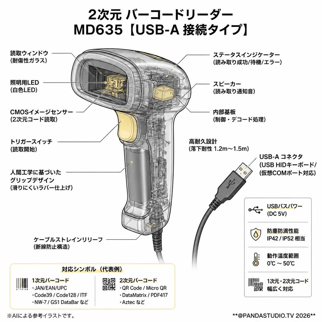 2次元 バーコードリーダー MD635【USB-A 接続タイプ】 スペック