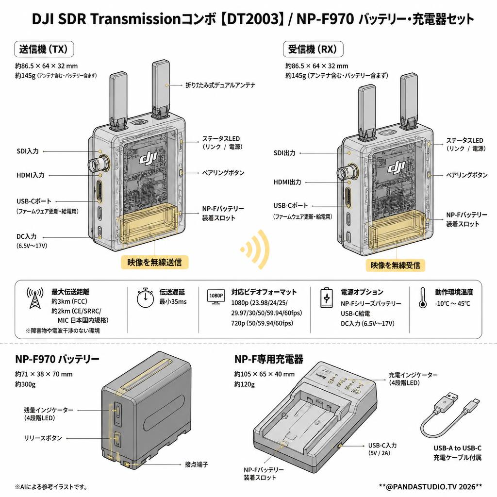 DJI SDR Transmissionコンボ【DT2003】/ NP-F970 バッテリー・充電器セット スペック